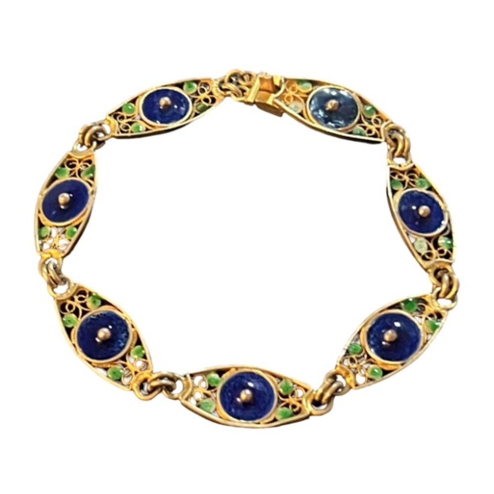 Antique Art Nouveau Gold Vermeil Asian Floral Filagree Enamel Bracelet